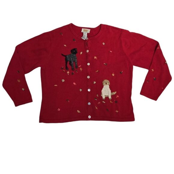 VINTAGE 90s red Talbots dog felted‎ fall leaves button up holiday cardigan S/M - Picture 1 of 12